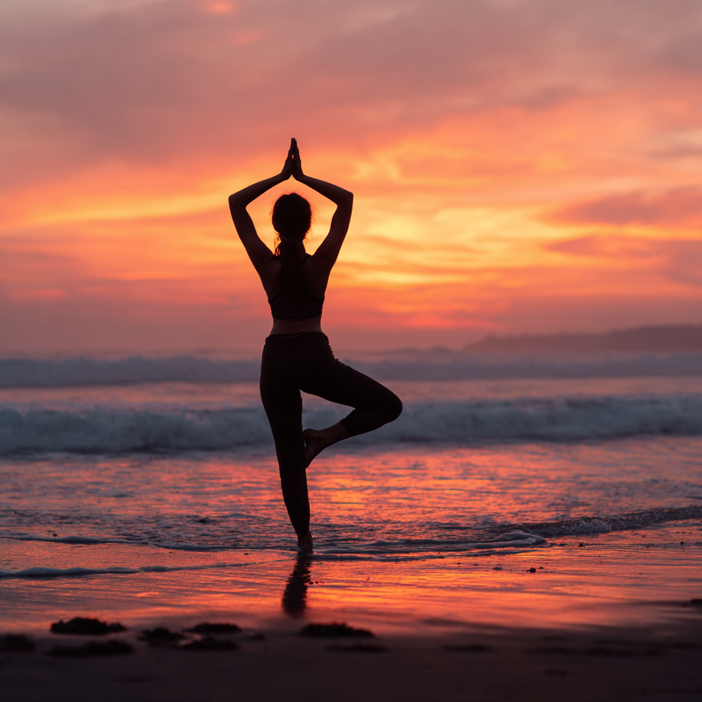 Persona practicando yoga al amanecer